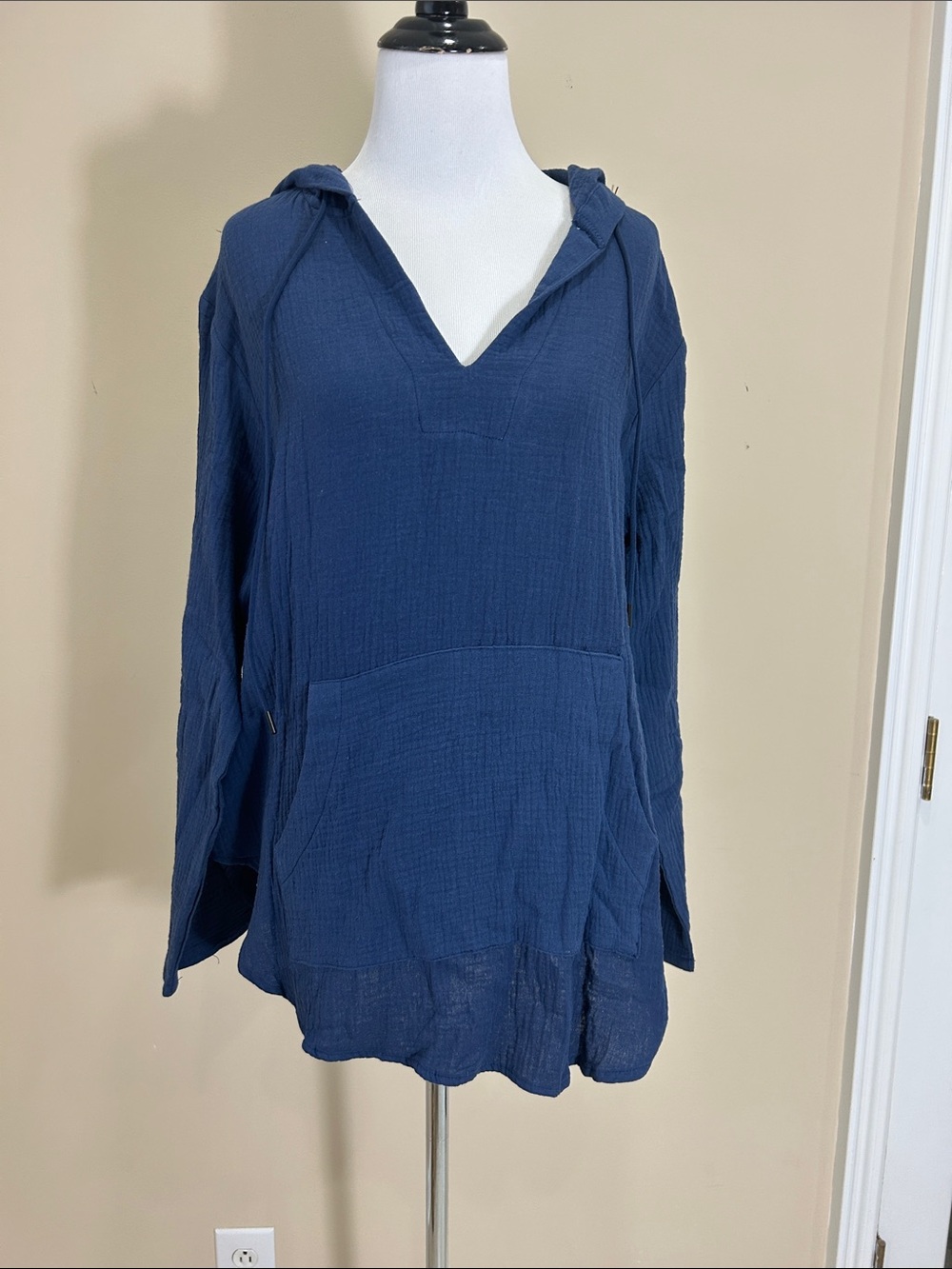 Navy V-Neck Hooded Pullover Sweatshirt